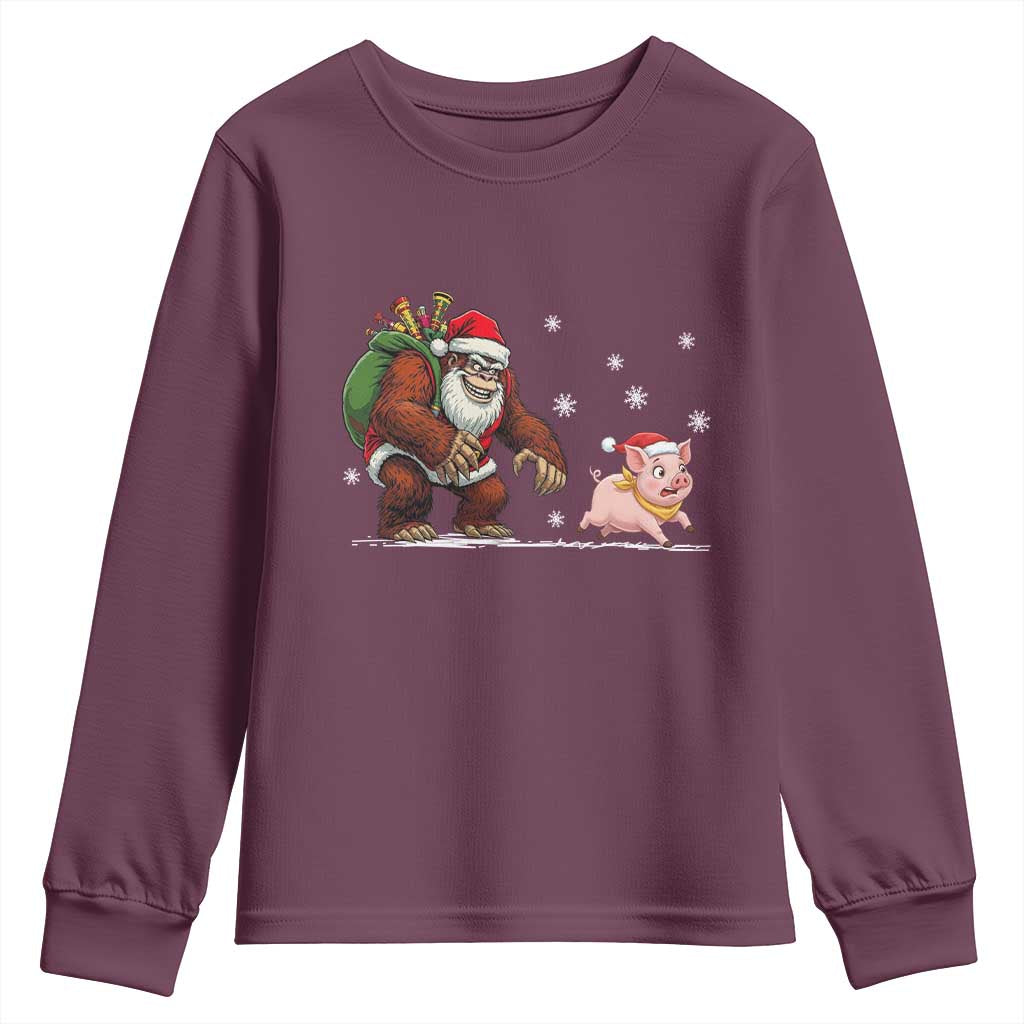 Christmas Cryptid Farm Life Gift Youth Sweatshirt Funny Bigfoot Chasing Pig TS12 Maroon Print Your Wear