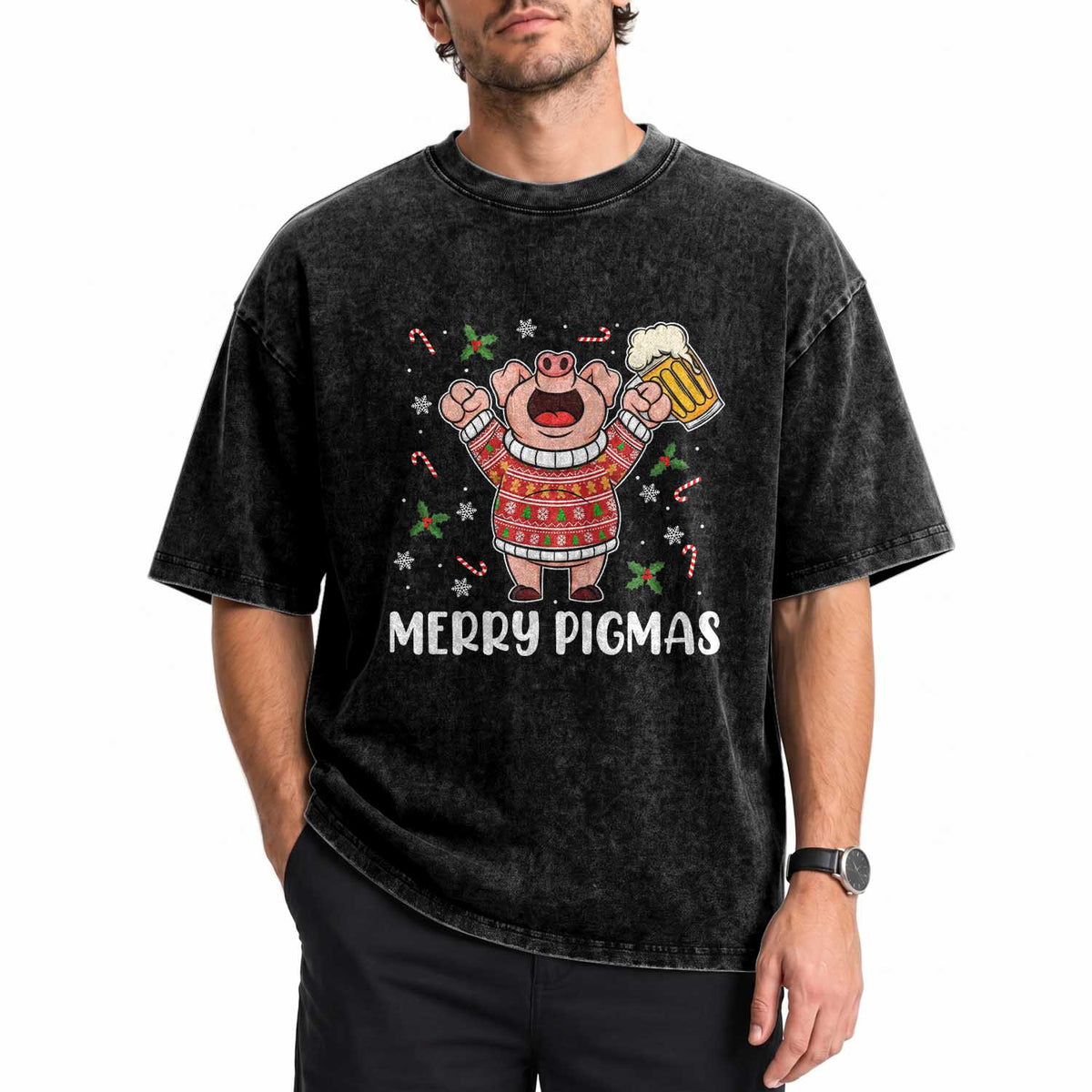 Christmas Pig Drinking Beer Washed Cotton T-Shirt Funny Merry Pigmas Gift