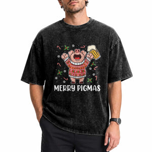 Christmas Pig Drinking Beer Washed Cotton T-Shirt Funny Merry Pigmas Gift
