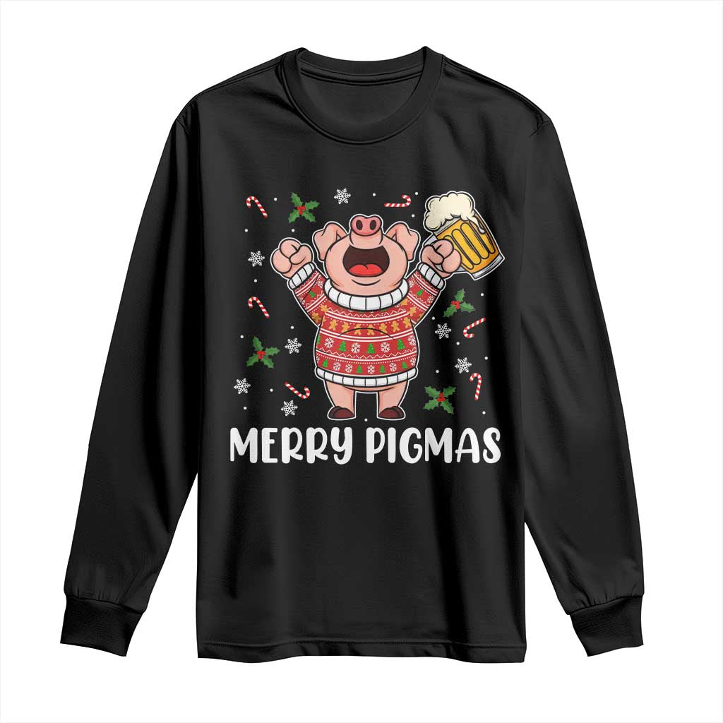 Christmas Pig Drinking Beer Long Sleeve Shirt Funny Merry Pigmas Gift TS12 Black Print Your Wear