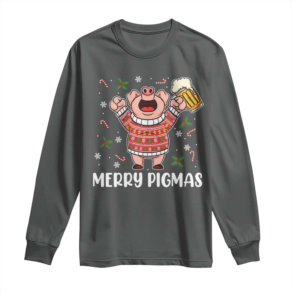 Christmas Pig Drinking Beer Long Sleeve Shirt Funny Merry Pigmas Gift TS12 Dark Heather Print Your Wear