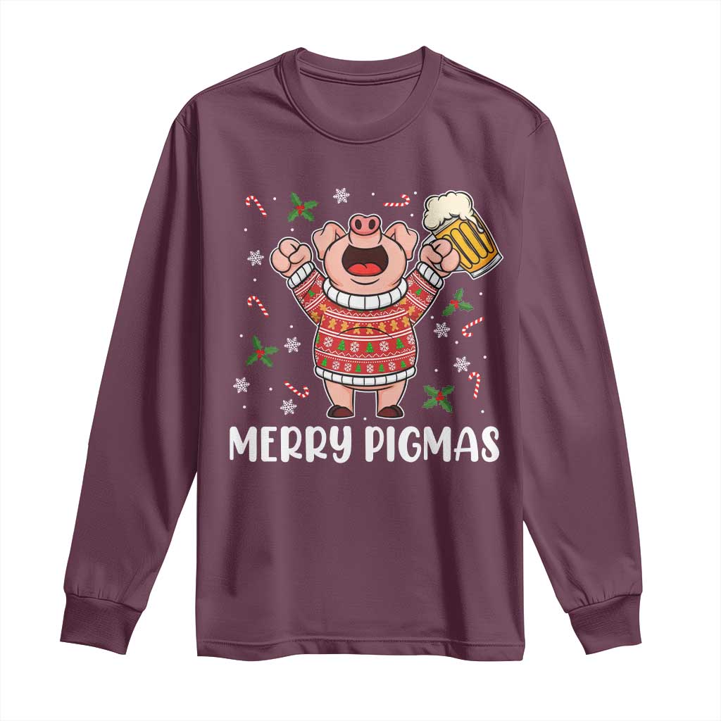 Christmas Pig Drinking Beer Long Sleeve Shirt Funny Merry Pigmas Gift TS12 Maroon Print Your Wear