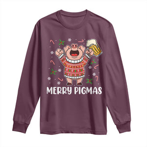 Christmas Pig Drinking Beer Long Sleeve Shirt Funny Merry Pigmas Gift TS12 Maroon Print Your Wear