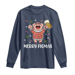 Christmas Pig Drinking Beer Long Sleeve Shirt Funny Merry Pigmas Gift TS12 Navy Print Your Wear