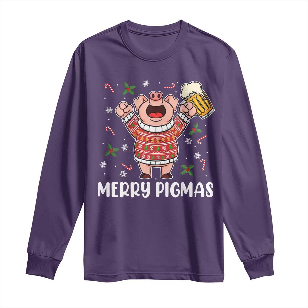 Christmas Pig Drinking Beer Long Sleeve Shirt Funny Merry Pigmas Gift TS12 Purple Print Your Wear