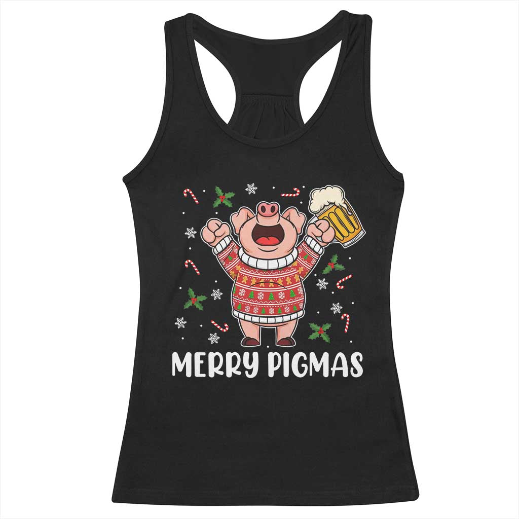 Christmas Pig Drinking Beer Racerback Tank Top Funny Merry Pigmas Gift TS12 Black Print Your Wear