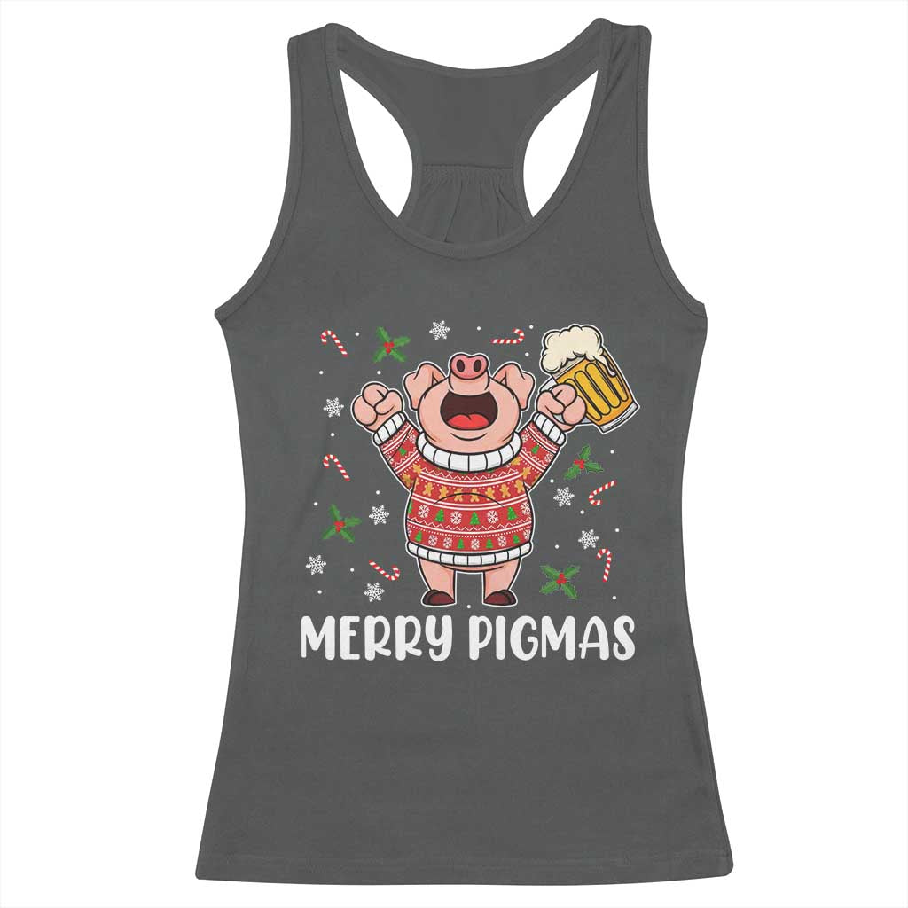 Christmas Pig Drinking Beer Racerback Tank Top Funny Merry Pigmas Gift TS12 Dark Heather Print Your Wear