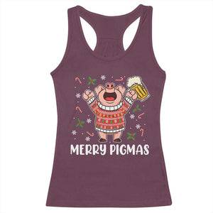 Christmas Pig Drinking Beer Racerback Tank Top Funny Merry Pigmas Gift TS12 Maroon Print Your Wear