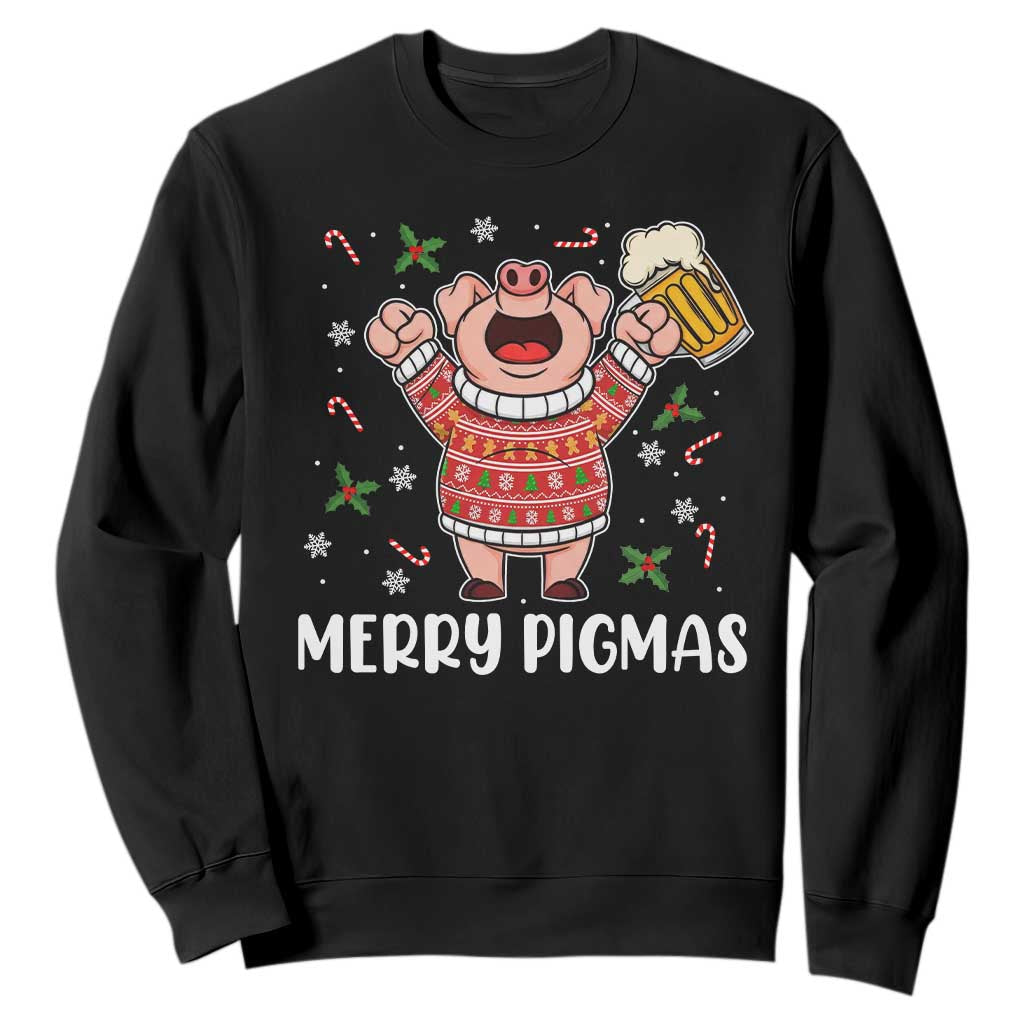 Christmas Pig Drinking Beer Sweatshirt Funny Merry Pigmas Gift TS12 Black Print Your Wear