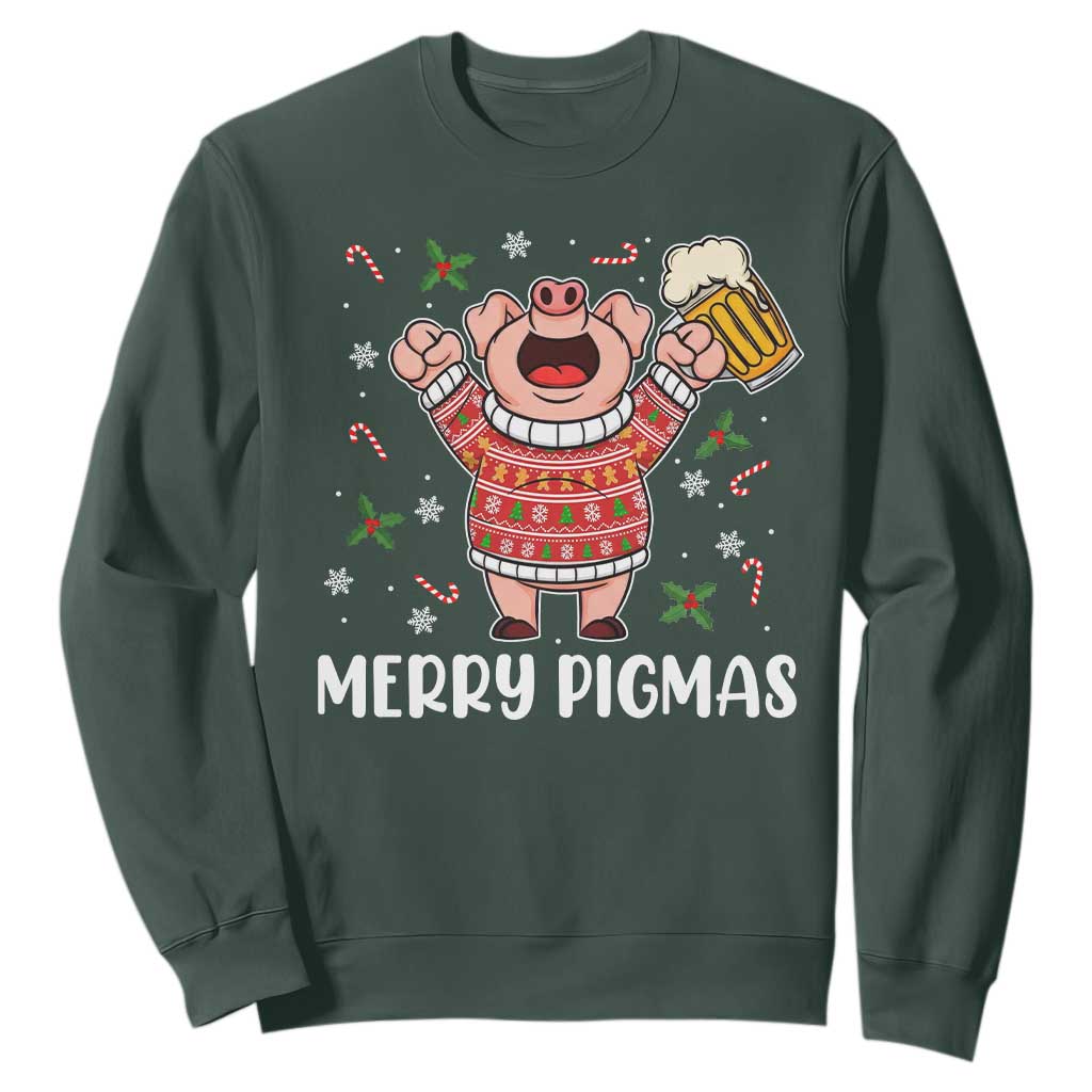 Christmas Pig Drinking Beer Sweatshirt Funny Merry Pigmas Gift TS12 Dark Forest Green Print Your Wear