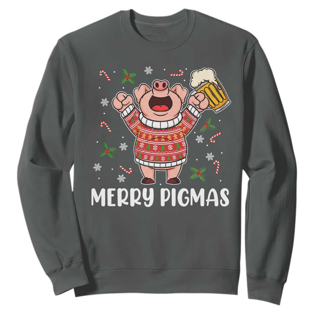 Christmas Pig Drinking Beer Sweatshirt Funny Merry Pigmas Gift TS12 Dark Heather Print Your Wear