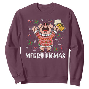 Christmas Pig Drinking Beer Sweatshirt Funny Merry Pigmas Gift TS12 Maroon Print Your Wear