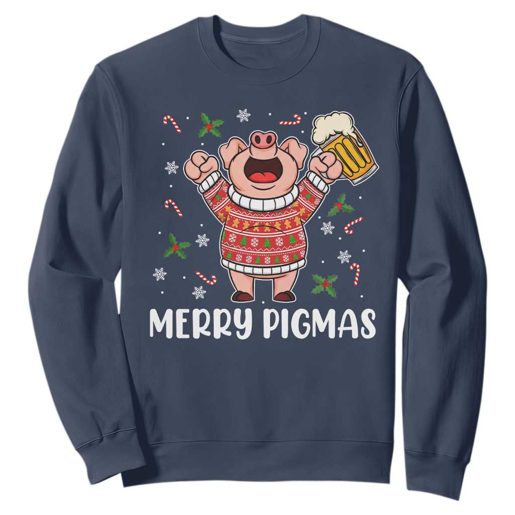 Christmas Pig Drinking Beer Sweatshirt Funny Merry Pigmas Gift TS12 Navy Print Your Wear