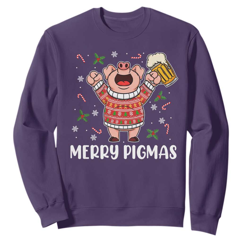 Christmas Pig Drinking Beer Sweatshirt Funny Merry Pigmas Gift TS12 Purple Print Your Wear