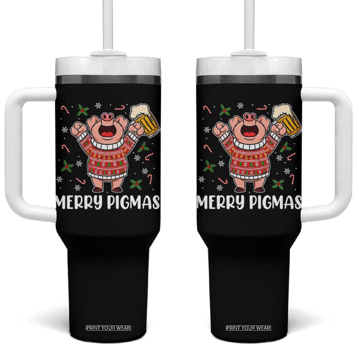 Christmas Pig Drinking Beer Tumbler With Handle Funny Merry Pigmas Gift TS12 One Size: 40 oz Black Print Your Wear