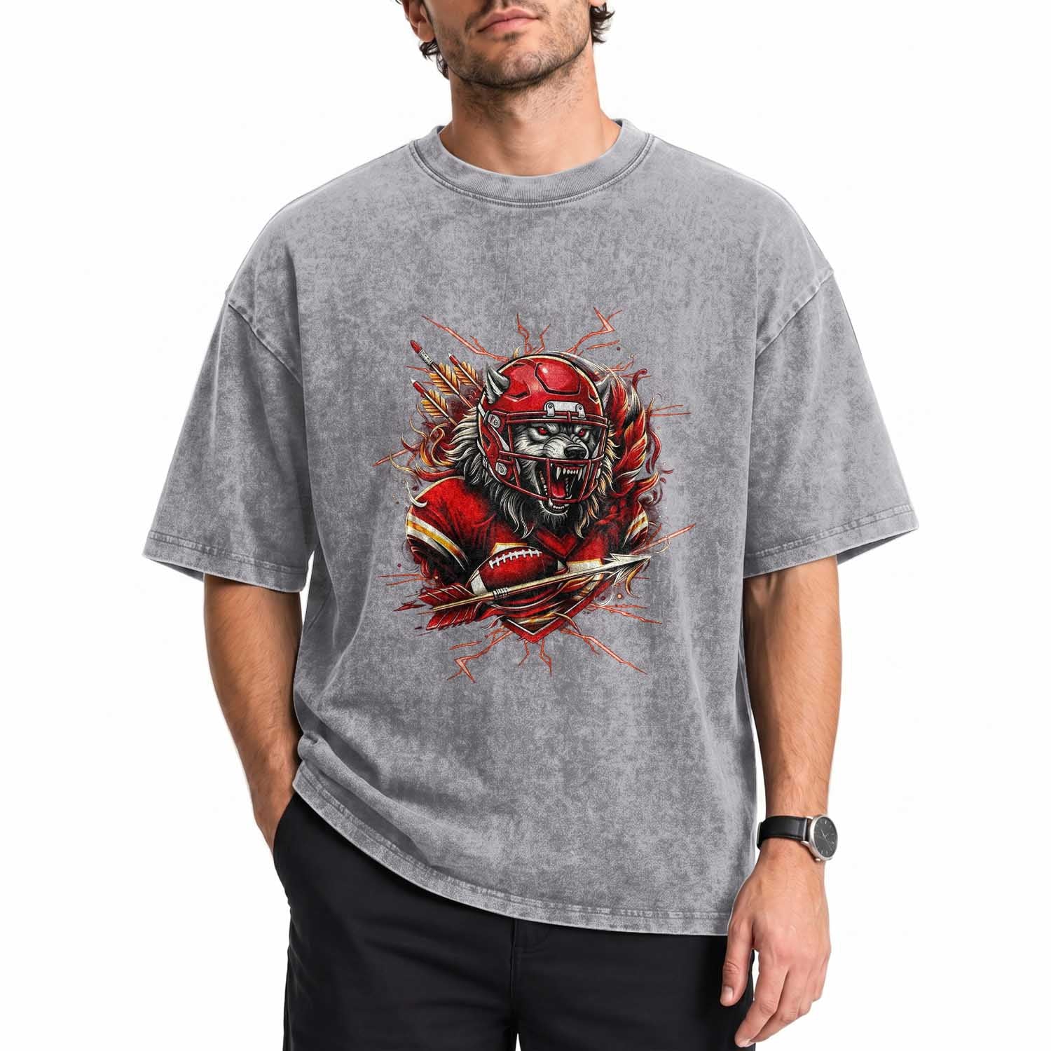 American Football Fan Wolf Spirit Washed Cotton T-Shirt Game Day Lifestyle