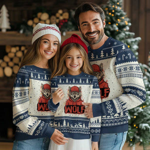 Wolf Football Lover Ugly Christmas Sweater Game Day Tailgate Lifestyle TS12 Beige Navy Print Your Wear