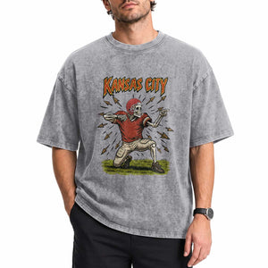 Skeleton Football Lover Washed Cotton T-Shirt Touchdown Game Day Lifestyle