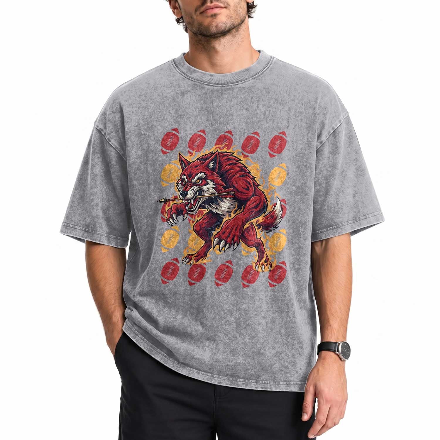 Wolf Football Lover Washed Cotton T-Shirt Game Day Fan Lifestyle