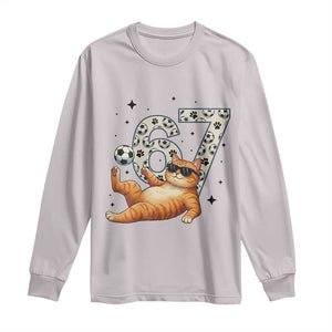 Funny Cat Playing Soccer Long Sleeve Shirt Six Seven Meme TS12 Ice Gray Print Your Wear