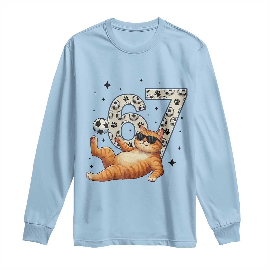 Funny Cat Playing Soccer Long Sleeve Shirt Six Seven Meme TS12 Light Blue Print Your Wear