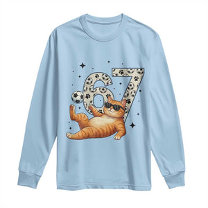 Funny Cat Playing Soccer Long Sleeve Shirt Six Seven Meme TS12 Light Blue Print Your Wear