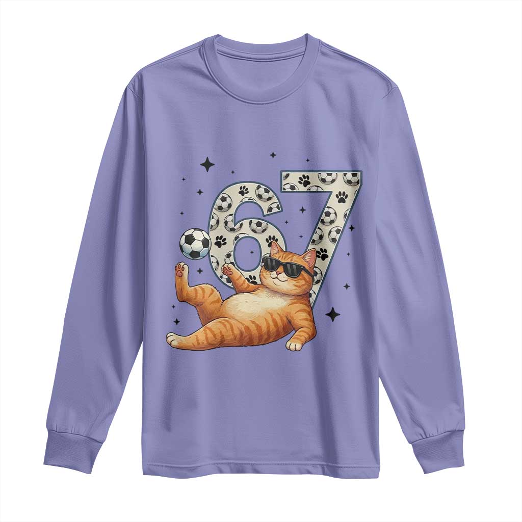 Funny Cat Playing Soccer Long Sleeve Shirt Six Seven Meme TS12 Violet Print Your Wear
