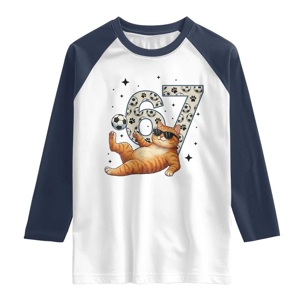 Funny Cat Playing Soccer Raglan Shirt Six Seven Meme TS12 White Navy Print Your Wear