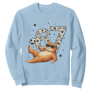 Funny Cat Playing Soccer Sweatshirt Six Seven Meme TS12 Light Blue Print Your Wear