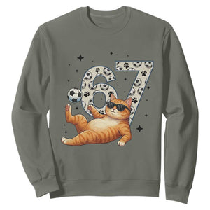 Funny Cat Playing Soccer Sweatshirt Six Seven Meme TS12 Military Green Print Your Wear