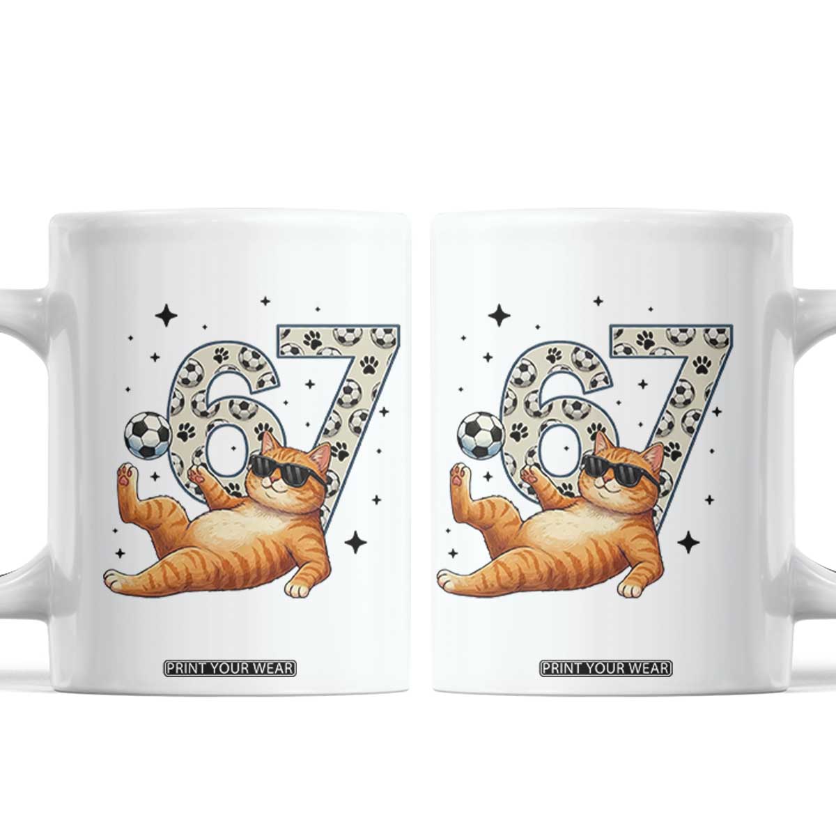 Funny Cat Playing Soccer Coffee Mug Six Seven Meme TS12 White Print Your Wear