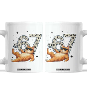 Funny Cat Playing Soccer Coffee Mug Six Seven Meme TS12 White Print Your Wear
