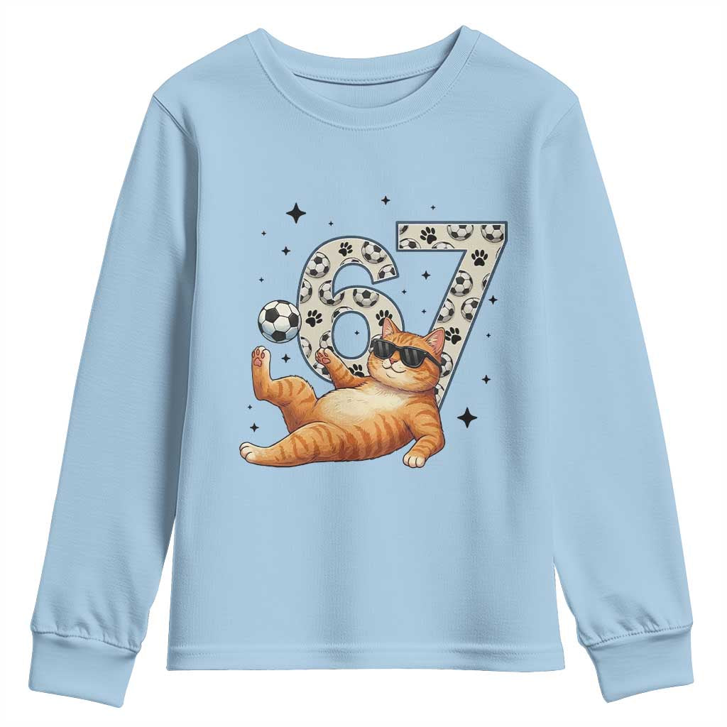 Funny Cat Playing Soccer Youth Sweatshirt Six Seven Meme TS12 Light Blue Print Your Wear