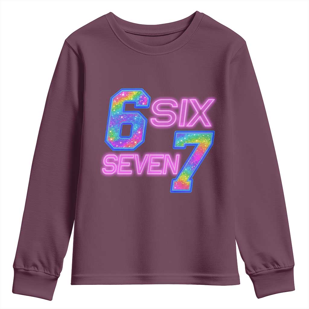 Colorful Neon Light Effect Youth Sweatshirt Six Seven Meme TS12 Maroon Print Your Wear