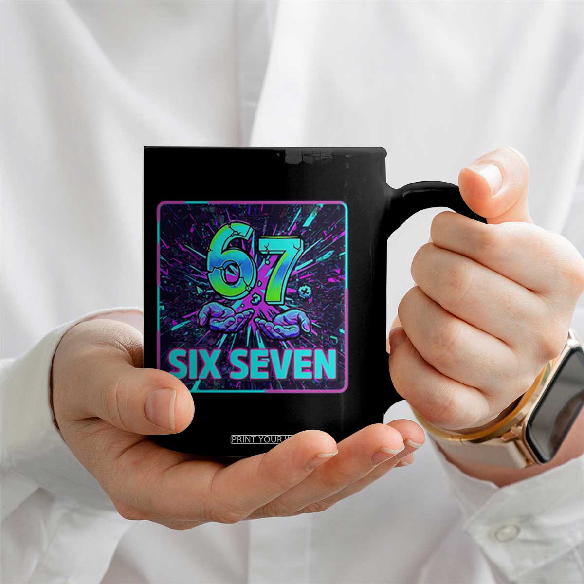 Funny Six Seven Meme Coffee Mug Cyberpunk Neon Style TS12 Print Your Wear