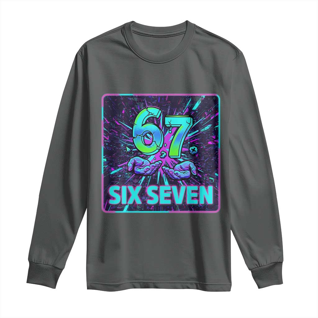 Funny Six Seven Meme Long Sleeve Shirt Cyberpunk Neon Style TS12 Dark Heather Print Your Wear