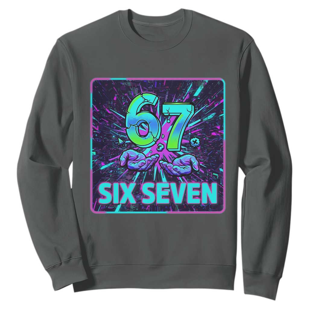 Funny Six Seven Meme Sweatshirt Cyberpunk Neon Style TS12 Dark Heather Print Your Wear