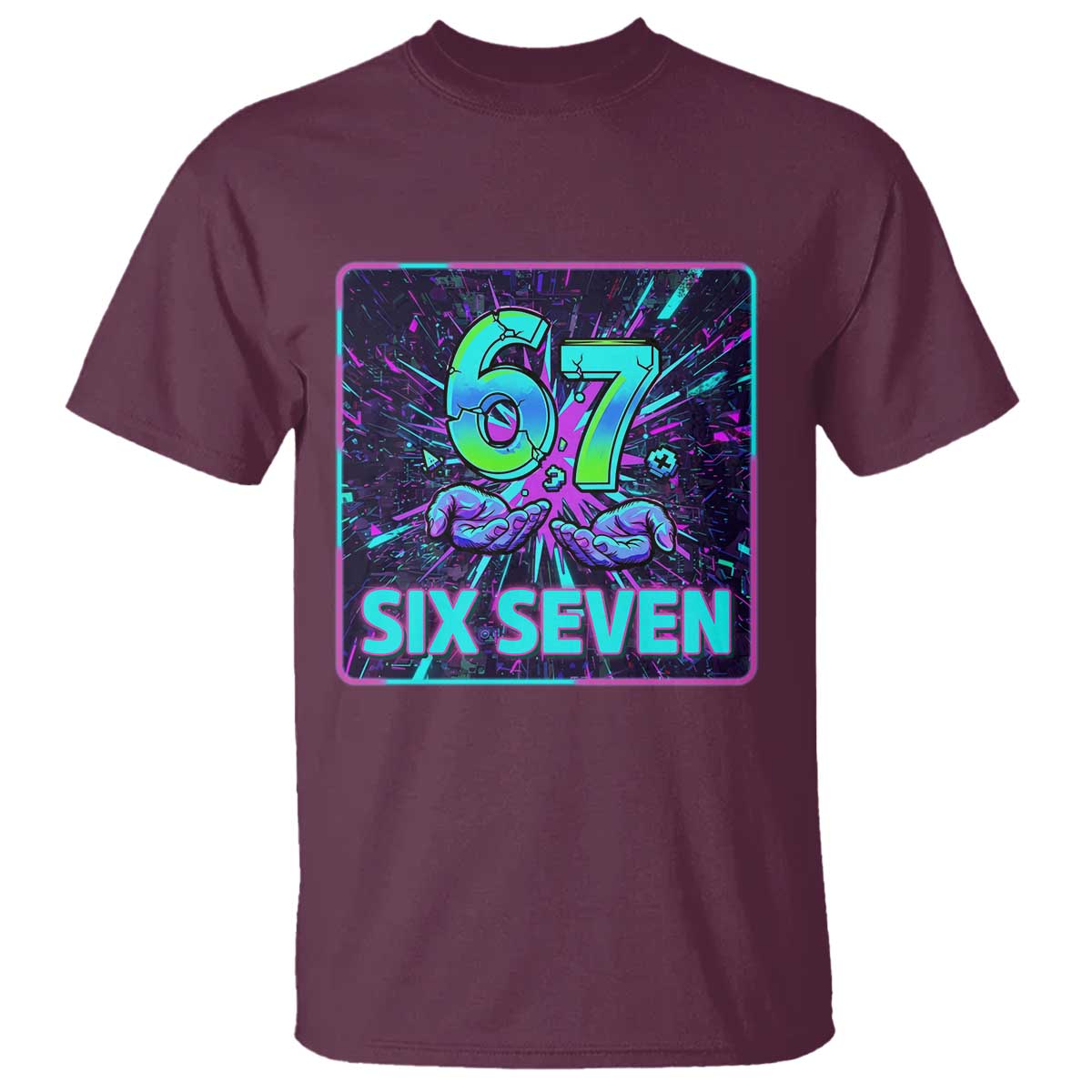 Funny Six Seven Meme T Shirt Cyberpunk Neon Style TS12 Maroon Print Your Wear