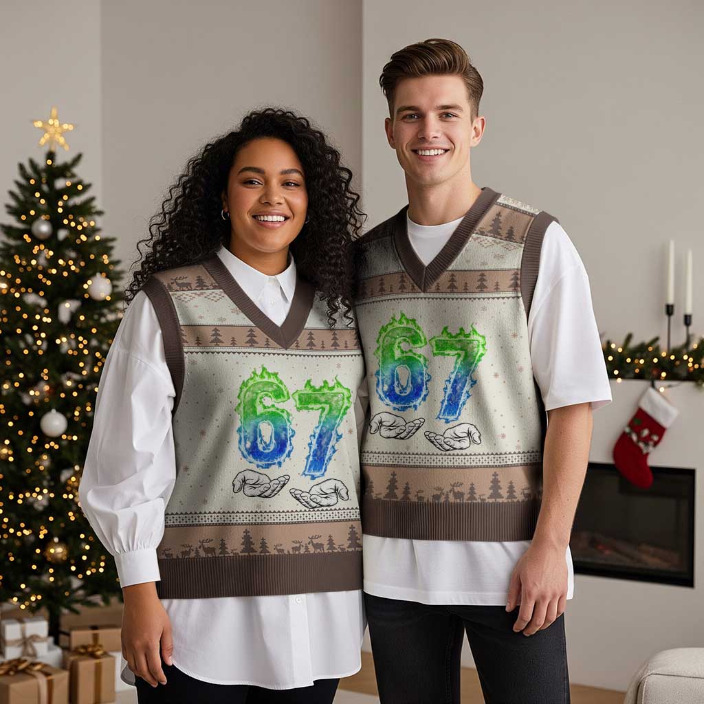 Green Fire Flame Six Seven V-Neck Knit Sweater Vest Trendy Meme Gift TS12 Mocha Mousse Print Your Wear