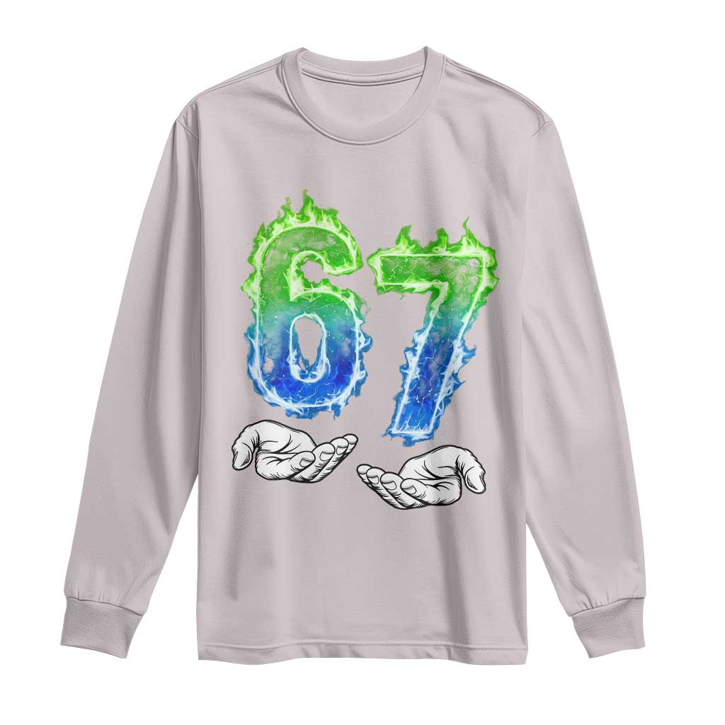 Green Fire Flame Six Seven Long Sleeve Shirt Trendy Meme Gift TS12 Ice Gray Print Your Wear