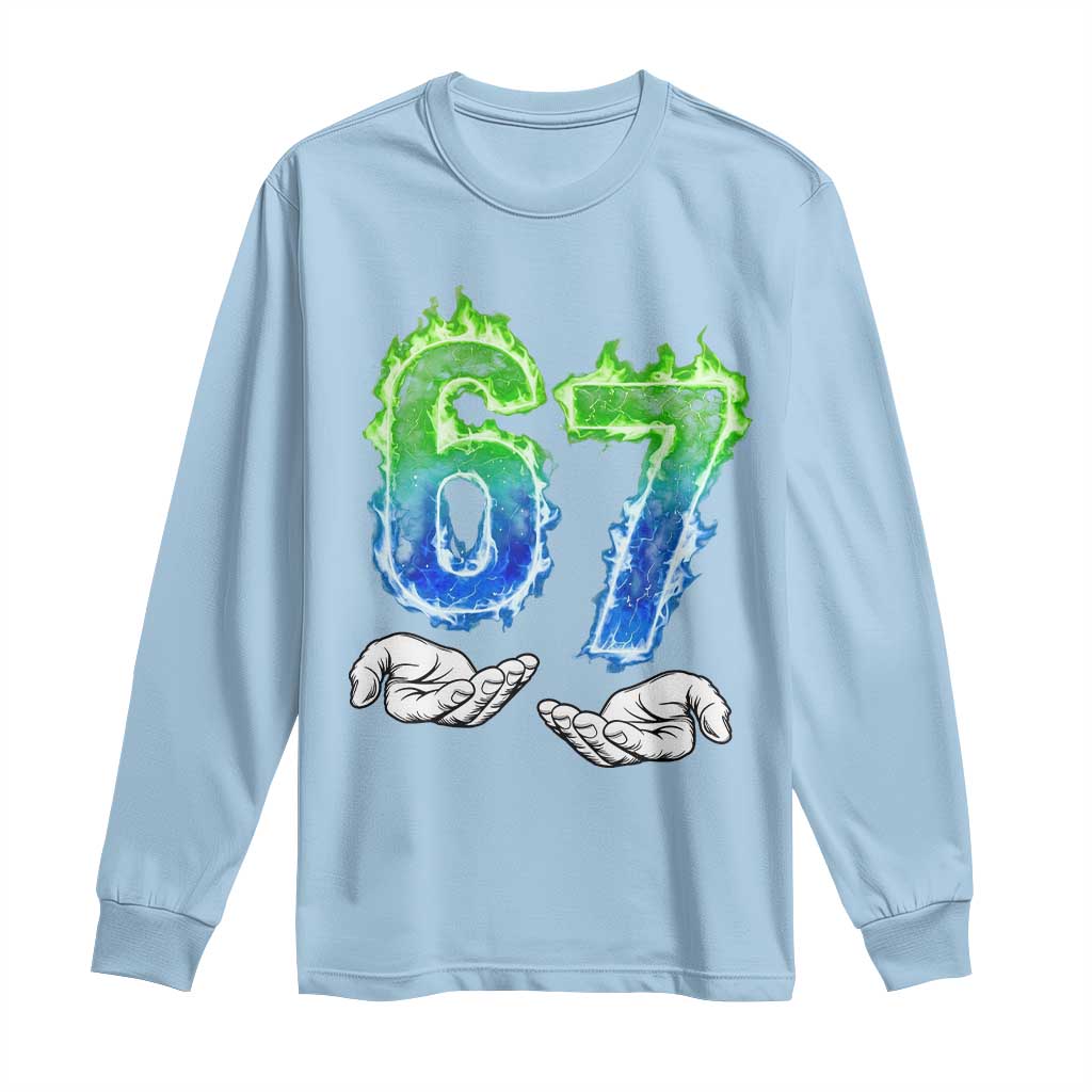 Green Fire Flame Six Seven Long Sleeve Shirt Trendy Meme Gift TS12 Light Blue Print Your Wear