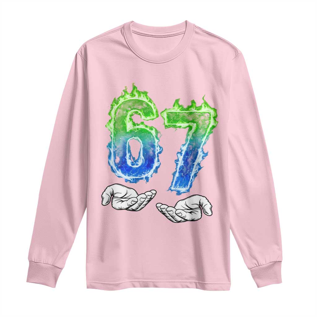 Green Fire Flame Six Seven Long Sleeve Shirt Trendy Meme Gift TS12 Light Pink Print Your Wear