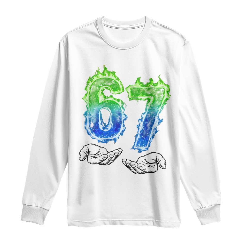 Green Fire Flame Six Seven Long Sleeve Shirt Trendy Meme Gift TS12 White Print Your Wear
