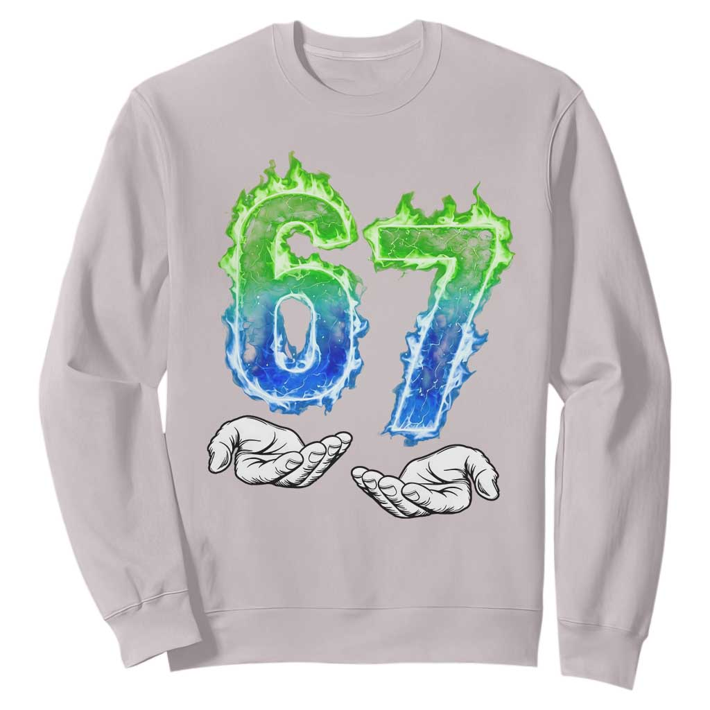 Green Fire Flame Six Seven Sweatshirt Trendy Meme Gift TS12 Ice Gray Print Your Wear