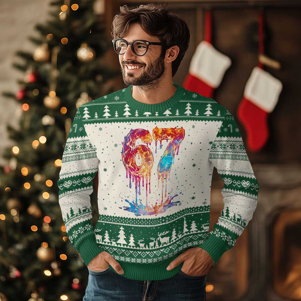 Burning Six Seven Ugly Christmas Sweater Drip Fire Flame Meme TS12 Beige Green Print Your Wear