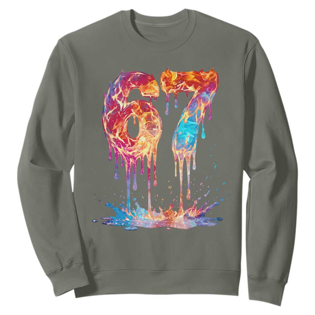 Burning Six Seven Sweatshirt Drip Fire Flame Meme TS12 Military Green Print Your Wear