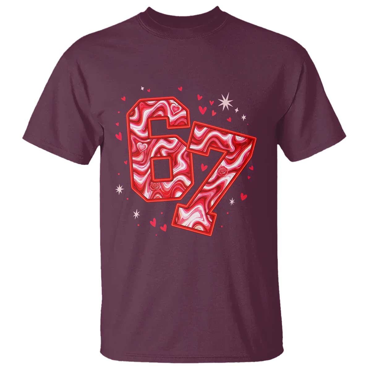 Glitch Swirl Effect Printed Six Seven Meme T Shirt Valentines Day Gift TS12 Maroon Print Your Wear
