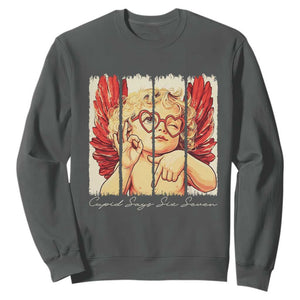 Retro Cupid Says Six Seven Sweatshirt 67 Valentines Day TS12 Dark Heather Print Your Wear