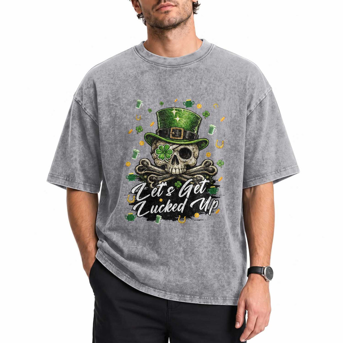 Lets Get Lucked Up Washed Cotton T-Shirt Lucky Skeleton St Patricks Day