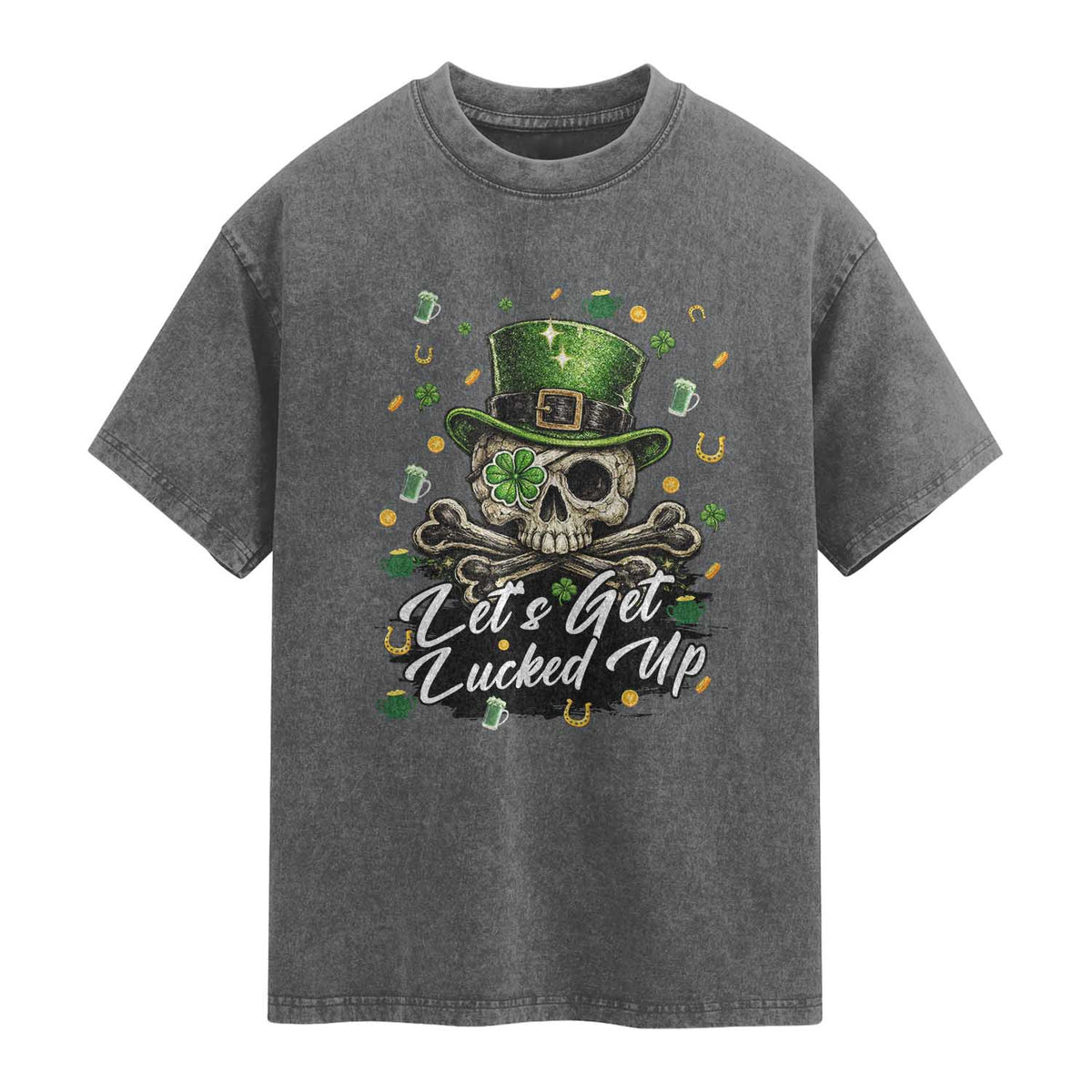 Lets Get Lucked Up Washed Cotton T-Shirt Lucky Skeleton St Patricks Day